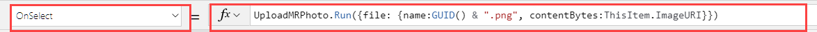 Ein Screenshot der OnSelect-Eigenschaft eines Schaltflächensteuerelements in der Power Apps Studio Formelleiste, die das zuletzt aufgenommene Foto hochlädt.