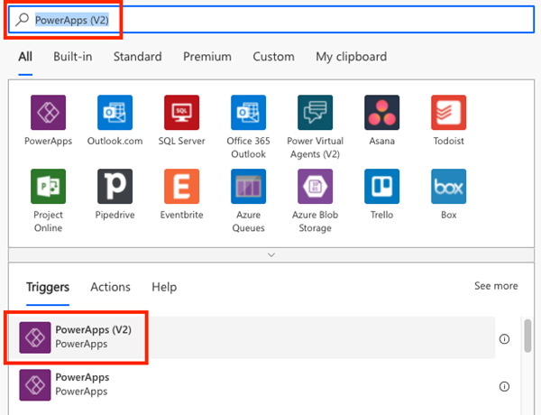 Ein Screenshot des Power Automate-Bearbeitungsfensters mit ausgewähltem PowerApps (v2)-Trigger.