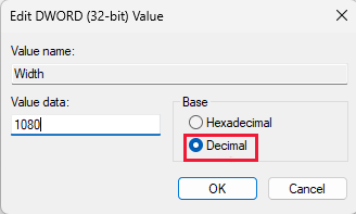 Screenshot des DWORD-Bearbeitungsfensters der Registrierung mit ausgewählter Dezimalbasis.