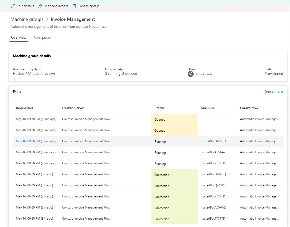 Screenshot der Desktop-Flows in der Warteschlange nach Bereitstellung eines neuen Bots.