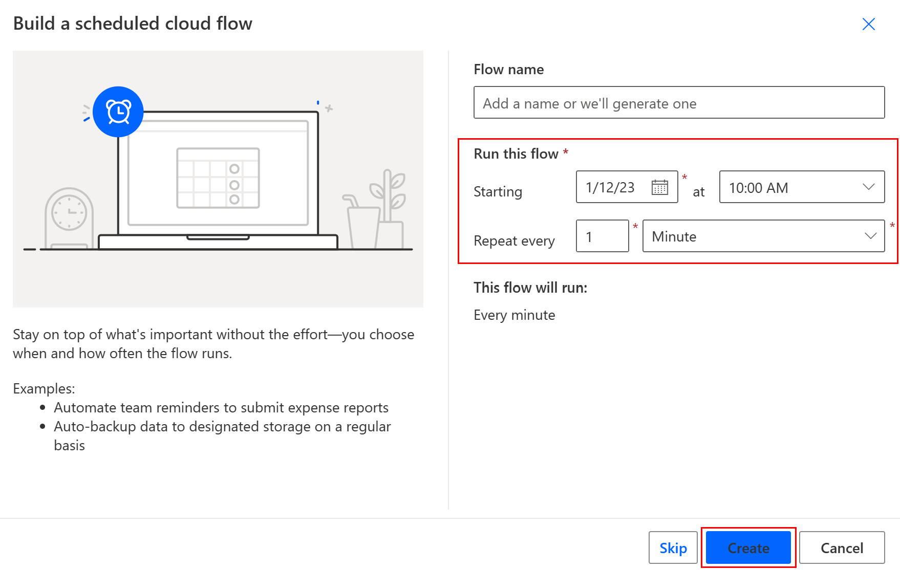 Screenshot der Optionen zum Einrichten eines geplanten Cloud-Flows.