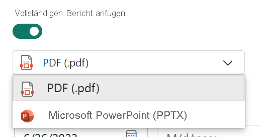 Screenshot mit dem Dropdownmenü „Vollständigen Bericht anfügen“.