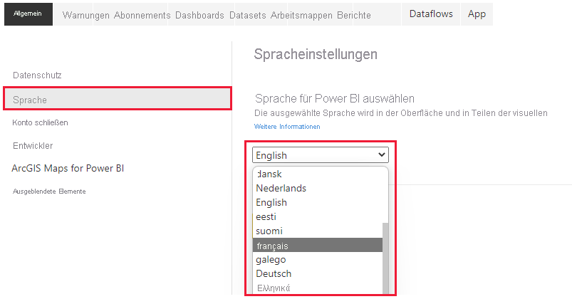 Screenshot of general tab of Settings showing the language dropdown.