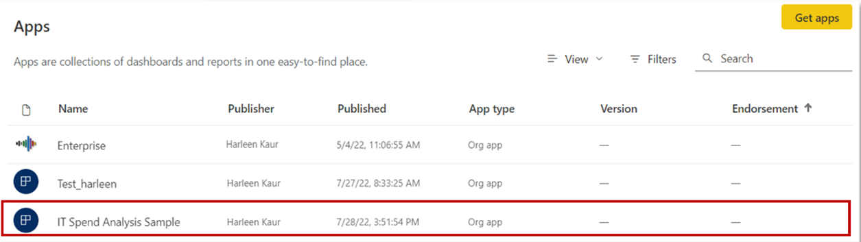 Screenshot von Power BI-Apps mit Ihrer veröffentlichten App.