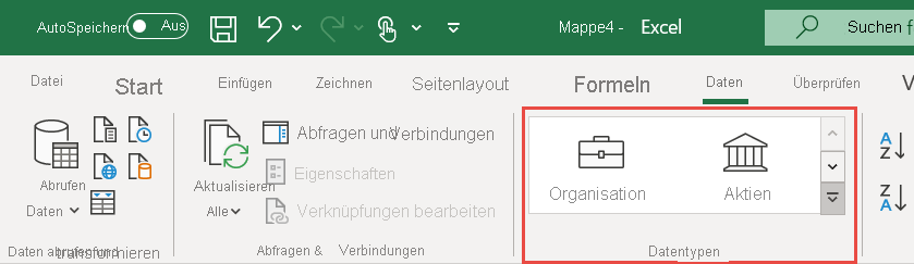 Screenshot of the Data Types gallery in the Excel Data ribbon.