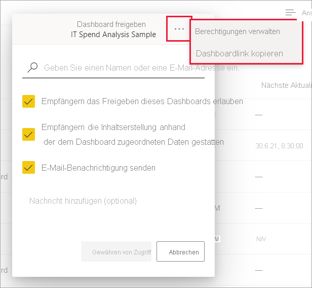 Screenshot des Dashboards „Berechtigungen verwalten“.