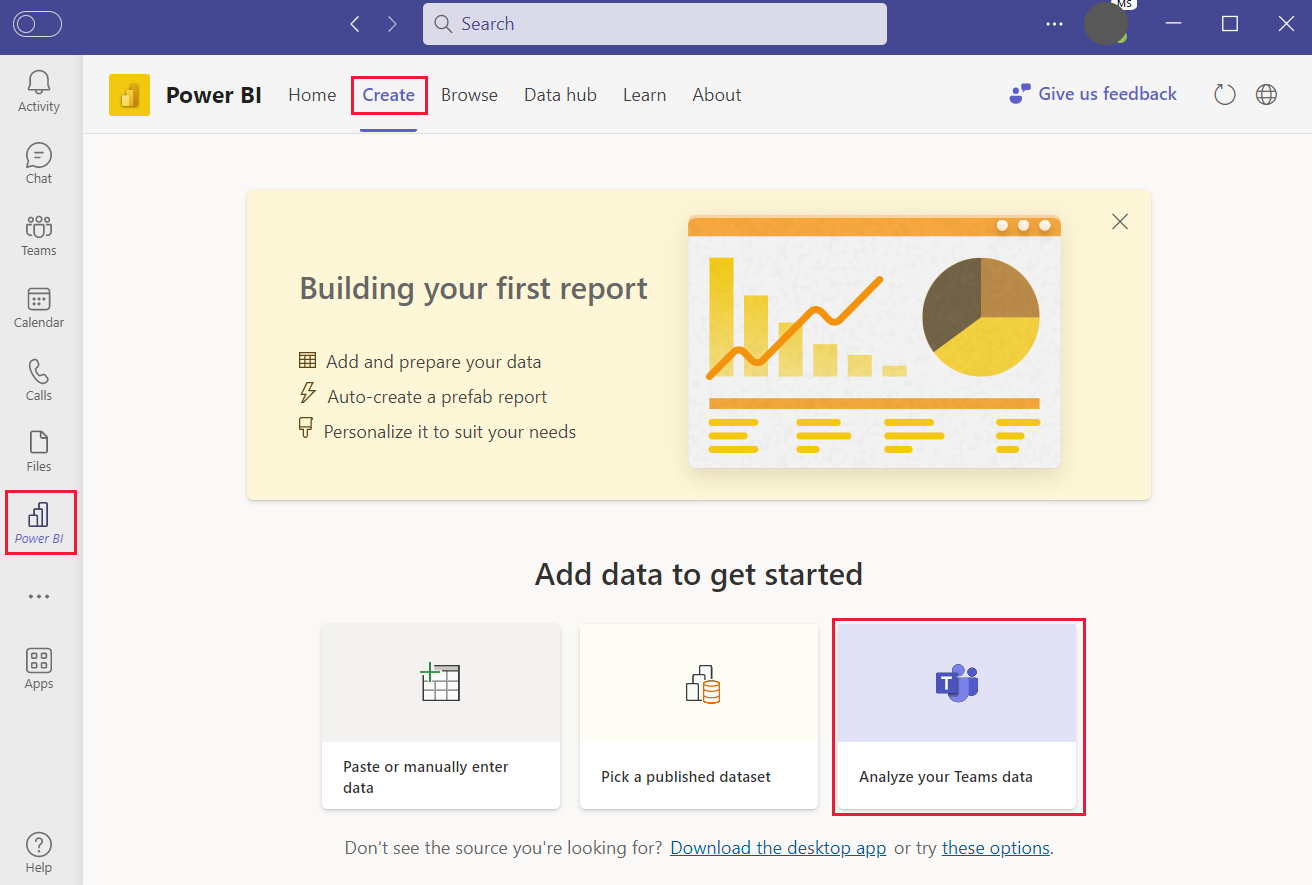 Erstellen Sie einen Power BI-Bericht, um Ihre Teams-Aktivität zu analysieren.