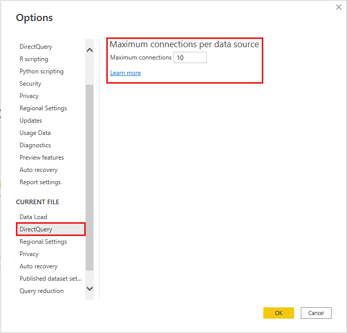 Screenshot: Festlegen der maximalen DirectQuery-Verbindungen.