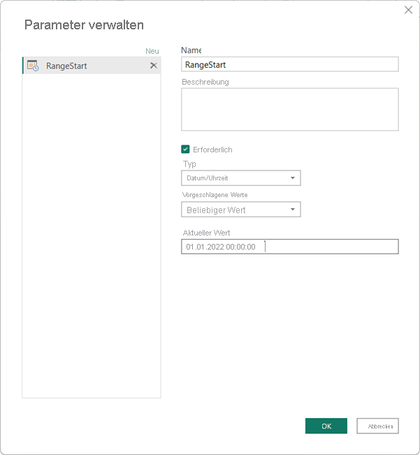 Define the Range Start parameter in the Manage Parameters dialog.