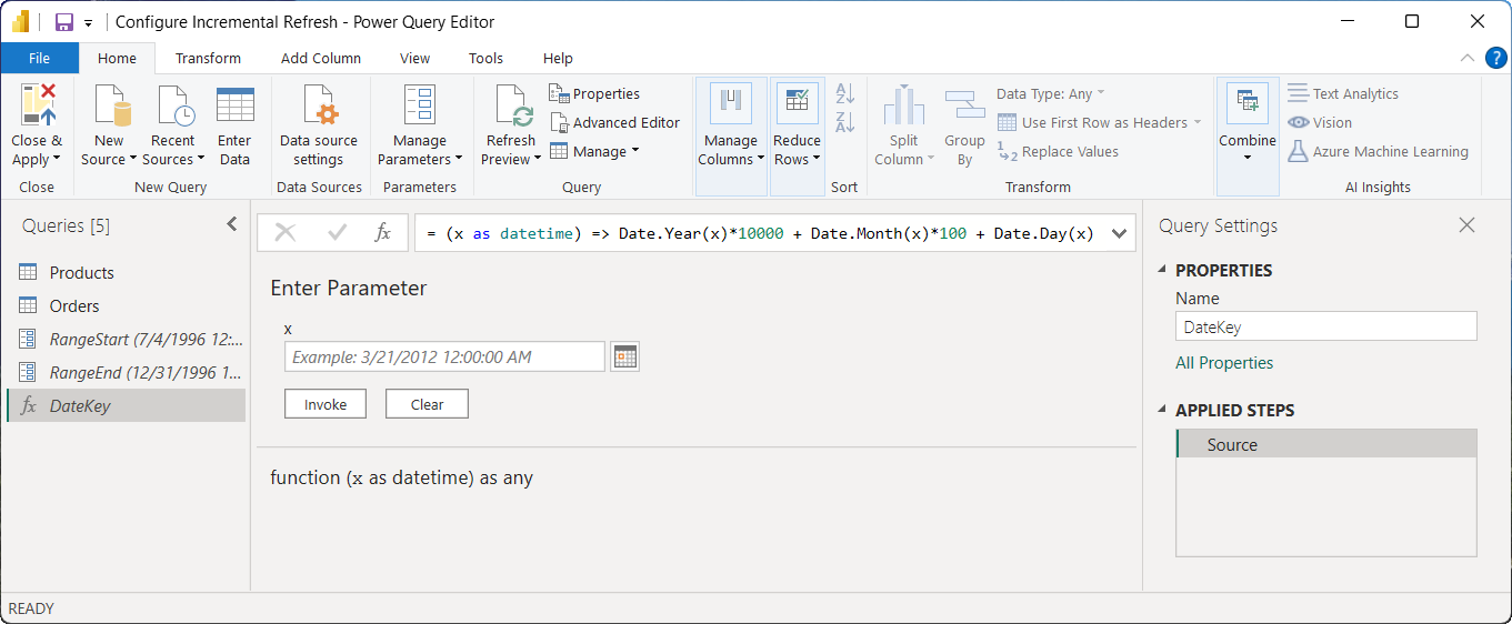 Power BI function editor showing the integer surrogate DateKey function.