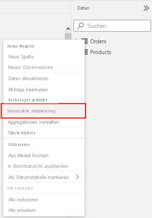 Data view showing Table context menu with Incremental refresh selected.