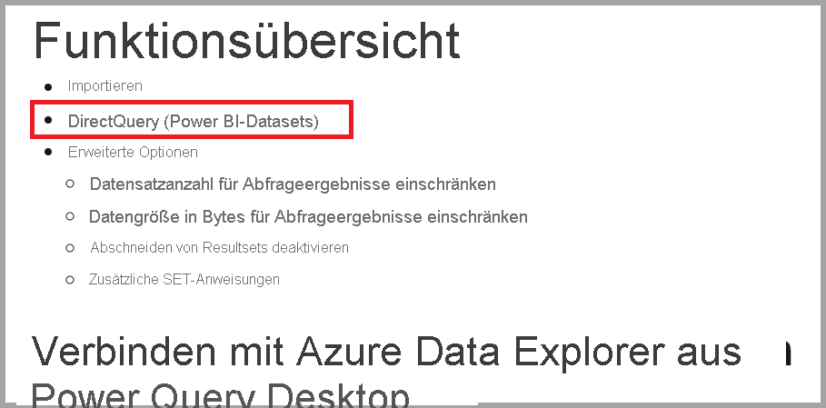 Screenshot zeigt DirectQuery als Fähigkeit eines Datenkonnektors.