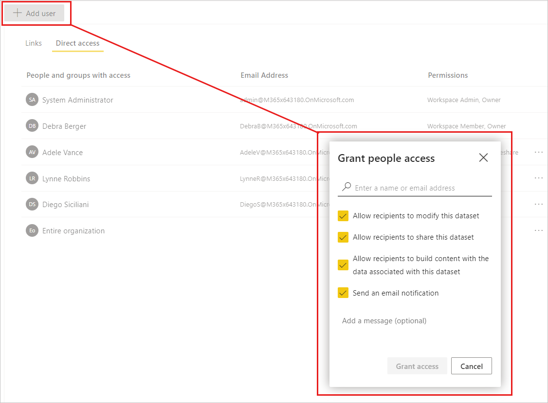 Screenshot: Gewähren von Zugriffsberechtigungen über die Registerkarte „Direkter Zugriff“ auf der Seite „Berechtigungen verwalten“ des Semantikmodells