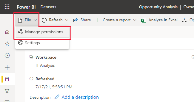 Screenshot: Seite „Berechtigungen verwalten“ des Semantikmodells mit Einstiegspunkten auf der Seite mit den Informationen zum Semantikmodell