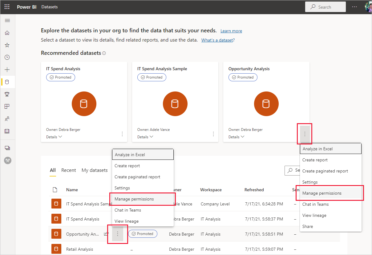 Screenshot: Seite „Berechtigungen verwalten“ des Semantikmodells mit Einstiegspunkten im OneLake-Datenhub