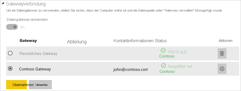 Screenshot that shows the gateway connection settings.