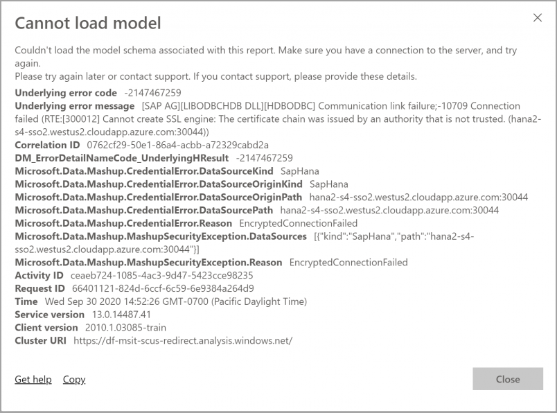 Screenshot of a 'Cannot load model' troubleshooting SSL error window.