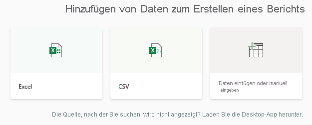 Screenshot: Optionen unter „Daten hinzufügen“, um mit der Berichtserstellung zu starten