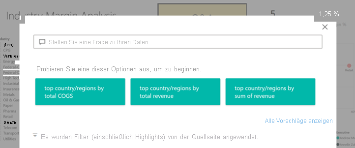 Screenshot eines geöffneten F&A-Explorer-Fensters in Power BI mit vorgeschlagenen Fragen.