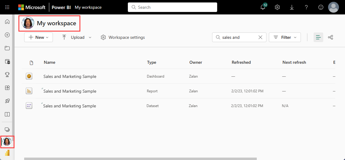 Screenshot: Power BI-Bildschirm mit rotem Rahmen um „Mein Arbeitsbereich“