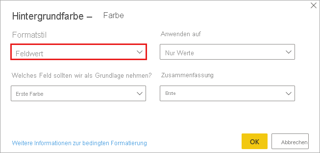 Dialog of Format style for background color of color column: Format style drop down is set to Field value