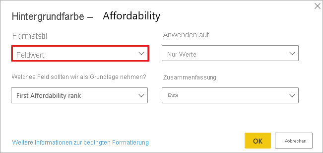 Dialog of Format style for background color of Affordability column: Format style drop down is set to Field value.