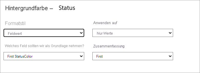 Dialog of background color for Status field: Format style dropdown is set to Field value.