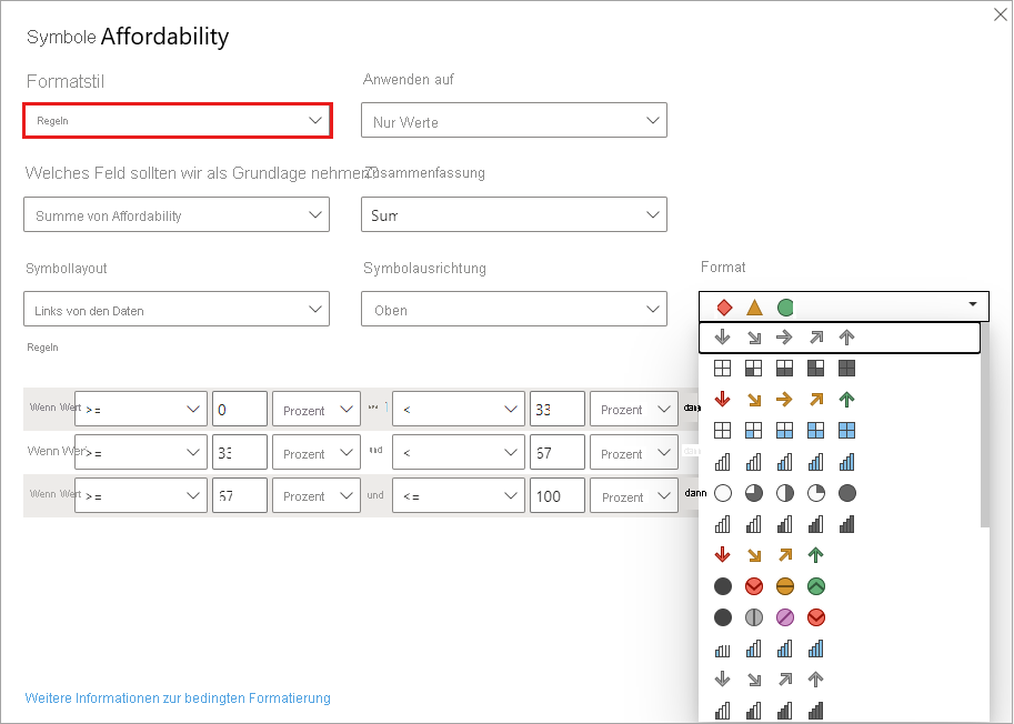 Dialog of icons: format style is set to Rules. Available icons are shown under the Style dropdown.