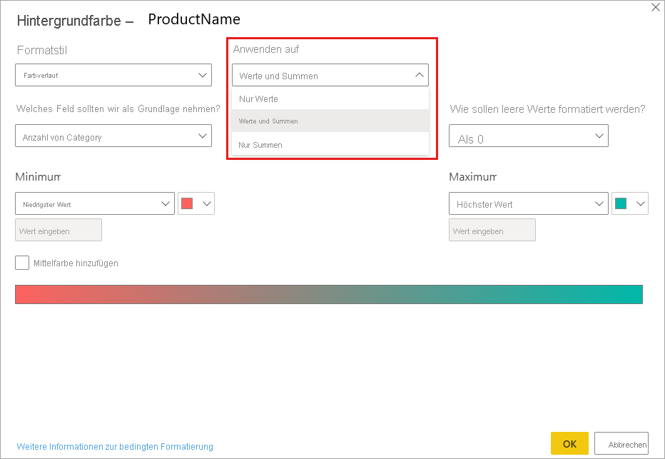 Conditional formatting dialog: Apply to dropdown is set to Values and totals.