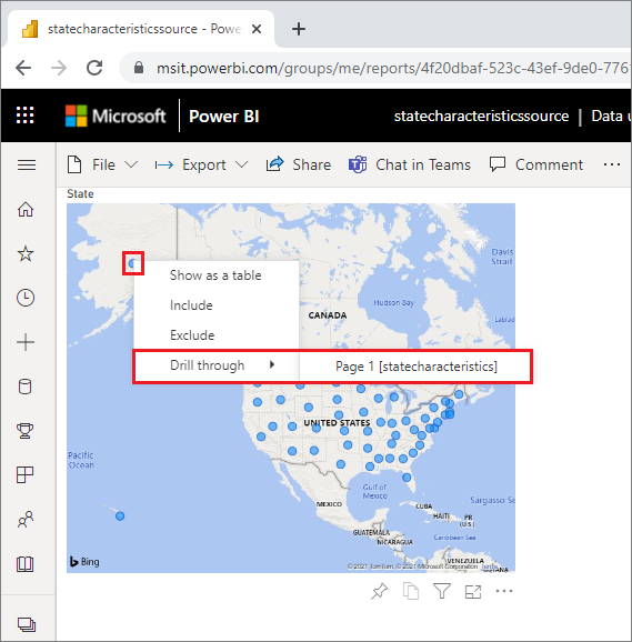 Screenshot der berichtsübergreifenden Drillthroughoption in Power BI.