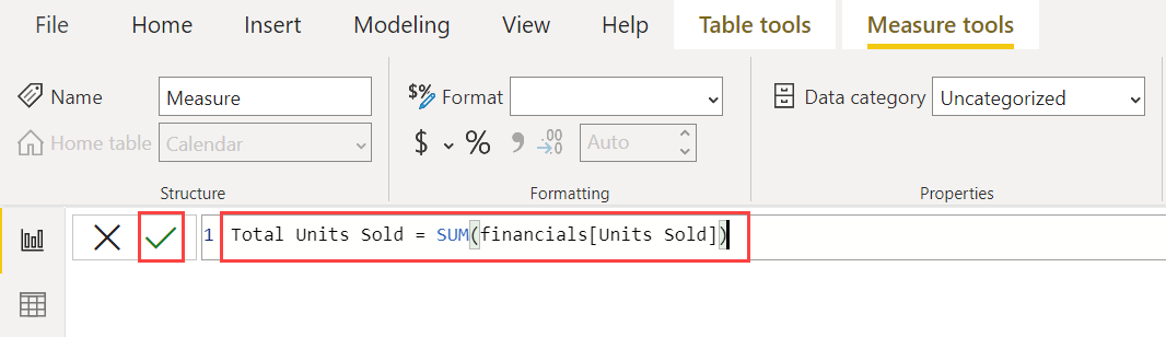 Screenshot des DAX-Ausdrucks „Total Units Sold“.