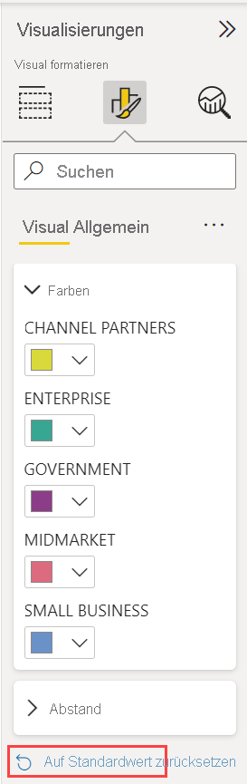 Screenshot of the Visualizations dropdown menu, highlighting Reset to default.