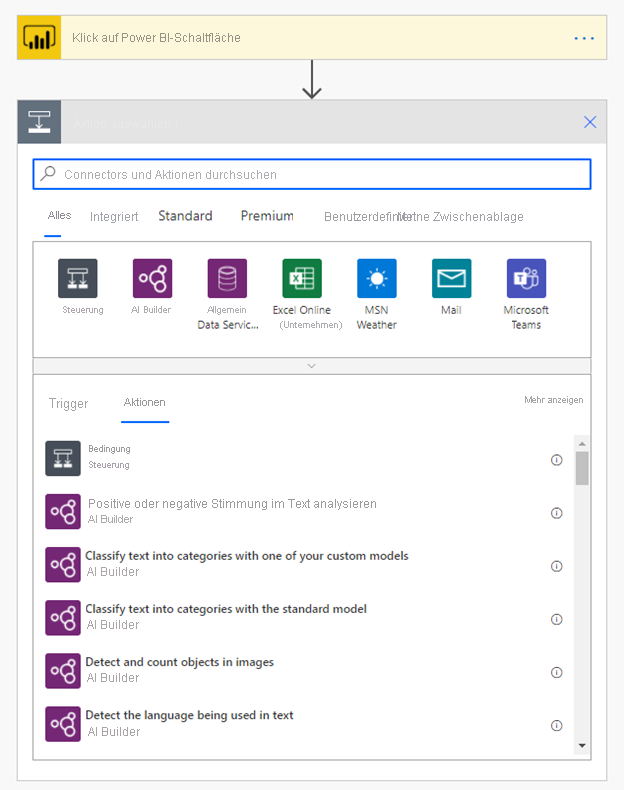 Der Screenshot zeigt das Auswählen von Aktionen für den Flow.