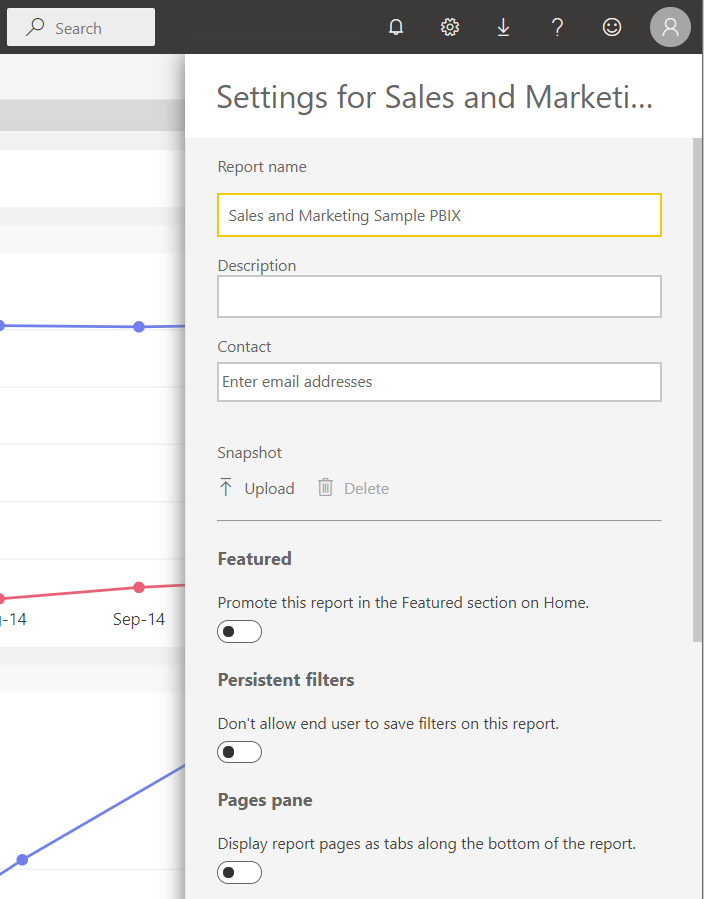 Screenshot of the report Settings pane in the Power BI service.