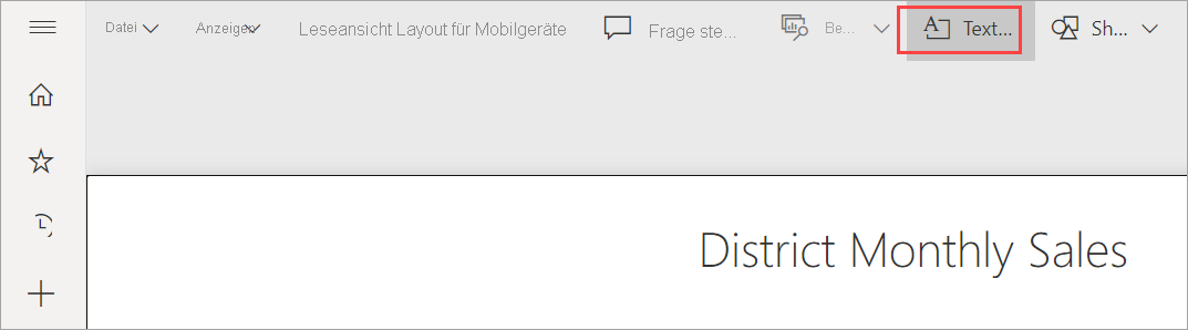 Screenshot of Power BI service, highlighting the Text box.