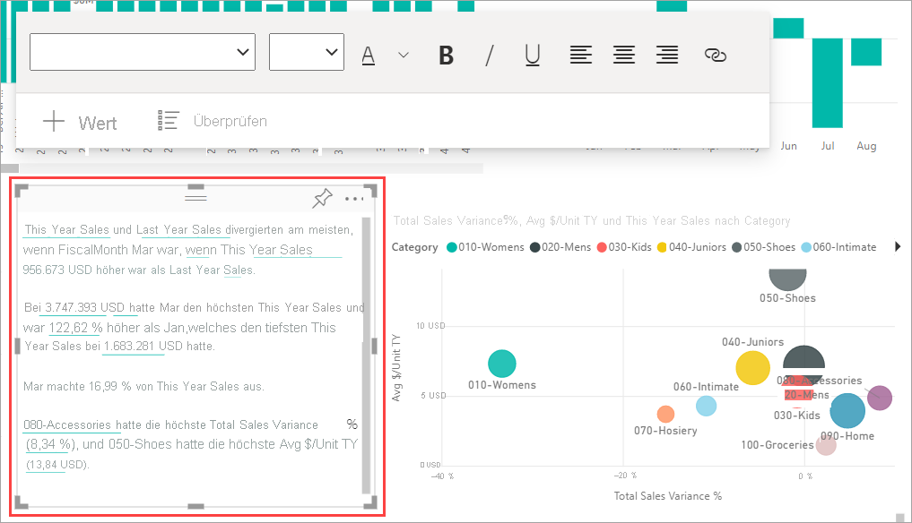 Screenshot of Power BI service, highlighting the Smart narrative text box.