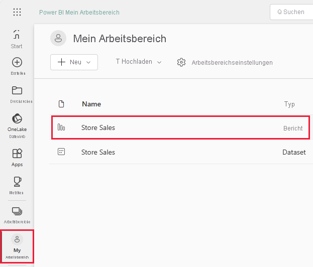 Screenshot shows My workspace with the Store Sales report highlighted.