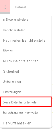 Screenshot: Das Menü „Weitere Optionen“ im Power BI-Arbeitsbereich bei einem Semantikmodell, wobei die Option „Download the .pbix“ (Die PBIX-Datei herunterladen) hervorgehoben ist.