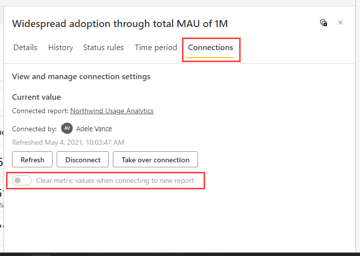 Screenshot showing scorecard data connection settings toggle.