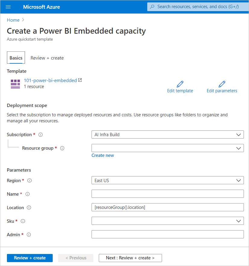 Der Screenshot zeigt die Registerkarte „Grundlegende Einstellungen“ der Seite „Erstellen einer Power BI Embedded-Kapazität“ zum Erstellen einer neuen Kapazität im Azure-Portal.