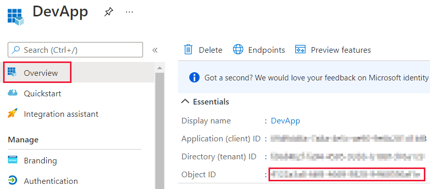 Screenshot des Azure-Portal-Fensters mit der Objekt-ID auf dem Übersichtsblatt einer Microsoft Entra-Anwendung