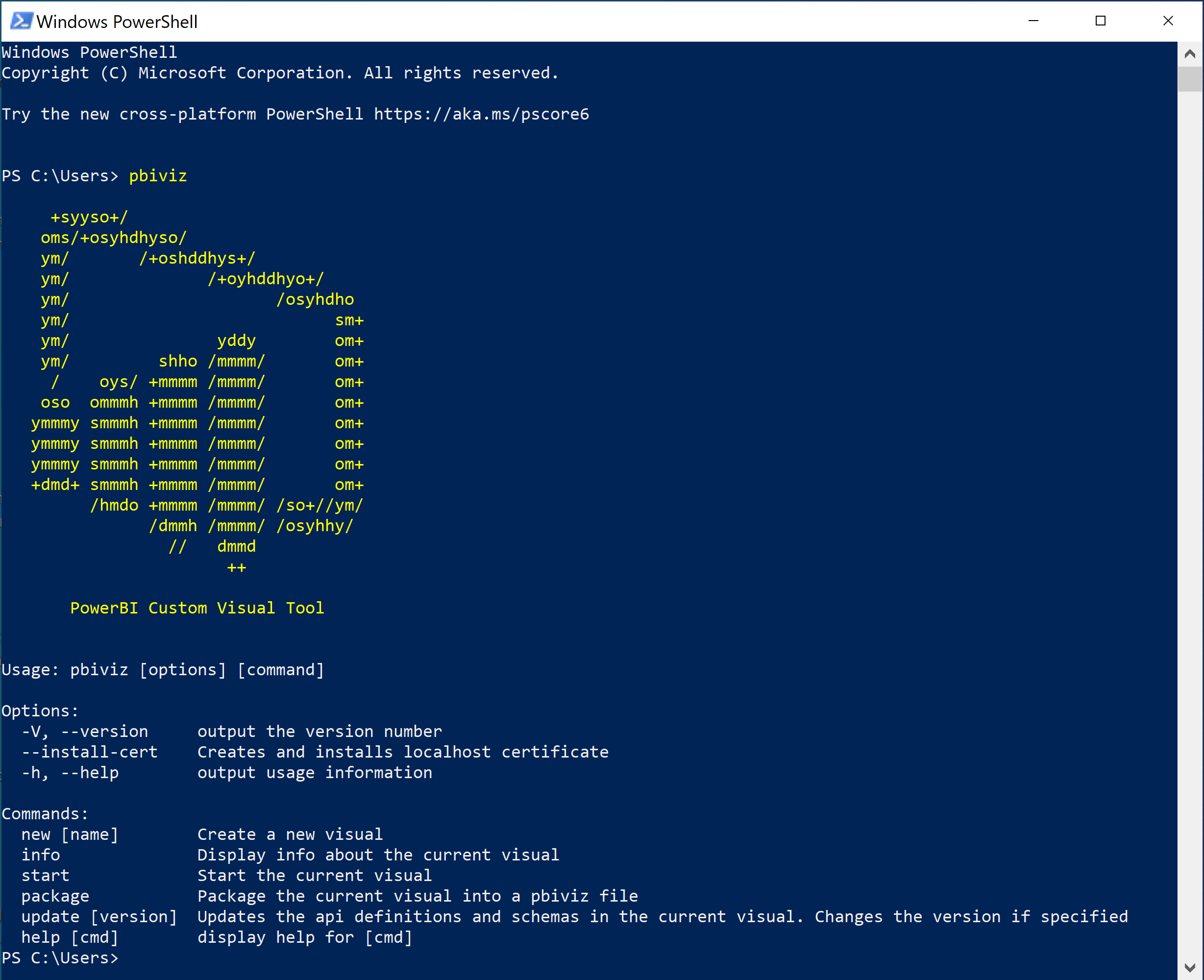 Screenshot: Ausgabe bei der Ausführung des Befehls „p b i viz“ in PowerShell