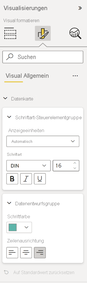 Screenshot of format pane that results from the data card example.