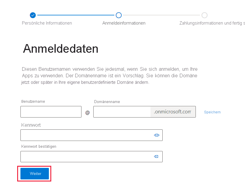 Screenshot: Der neu erstellte Benutzername und Domänenname mit Eingabefeldern zum Eingeben und Bestätigen eines Kennworts. Die Option „Weiter“ ist hervorgehoben.