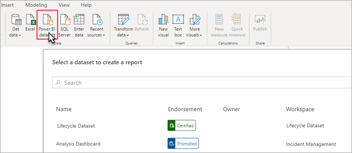 Screenshot der auf dem Menüband hervorgehobenen Power BI Desktop- und Power BI-Semantikmodelle. Das Dialogfeld „Semantikmodell auswählen“ befindet sich im Hauptbereich.