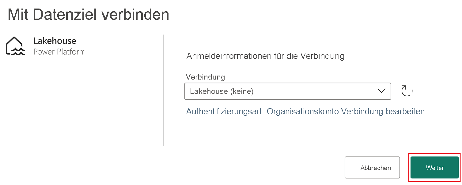 Screenshot des Menüs „Mit Datenziel verbinden“.