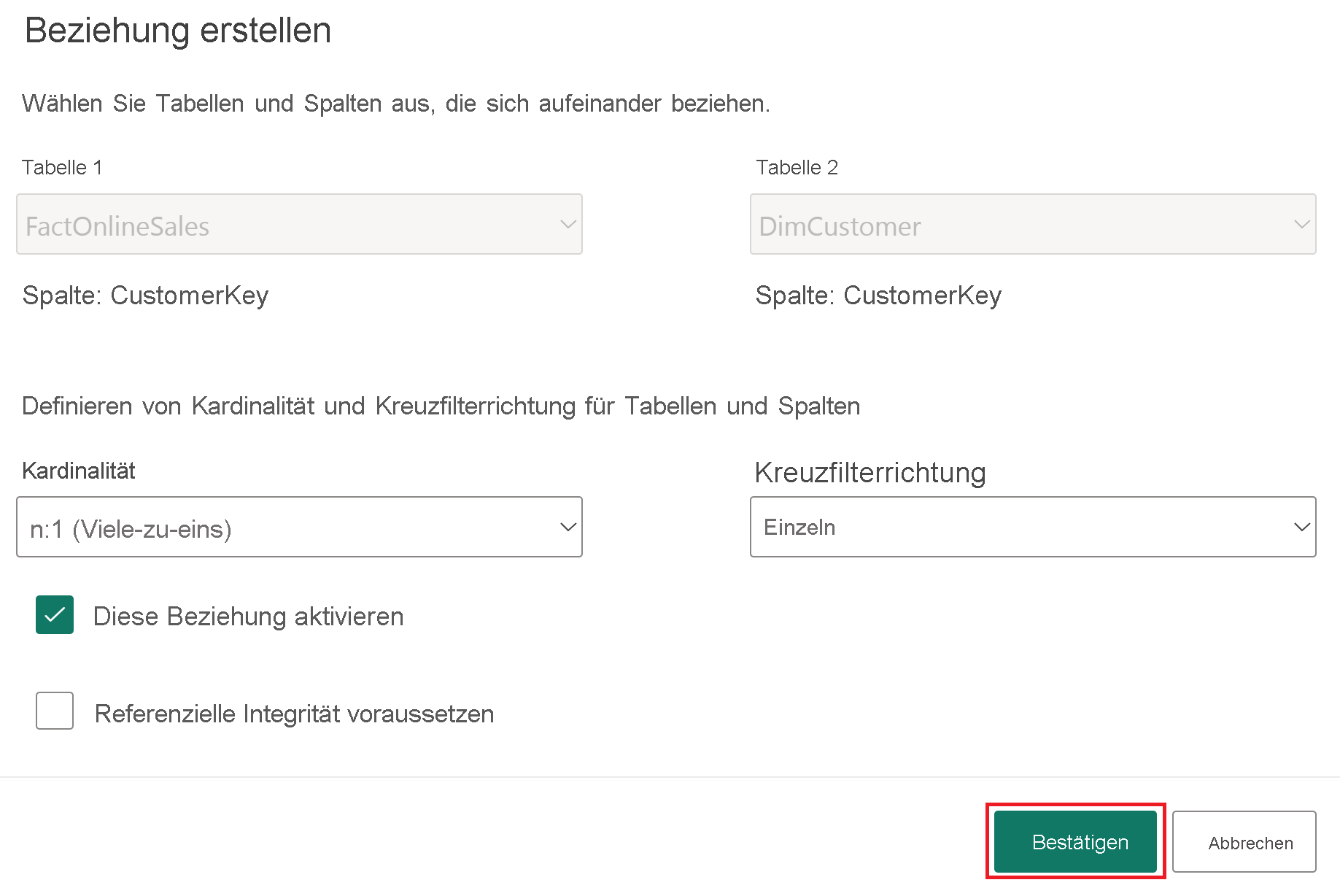 Screenshot der Beziehung zwischen den Tabellen „FactOnlineSales“ und DimCustomer“.