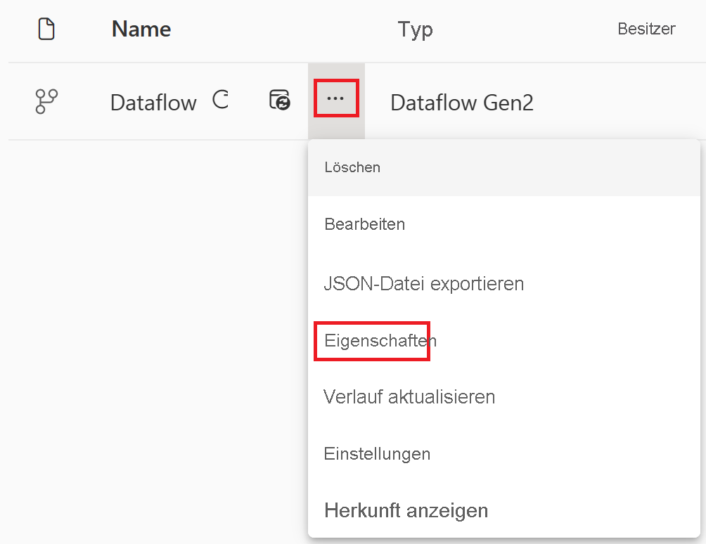 Screenshot der Dataflow-Eigenschaften in einem Arbeitsbereich.