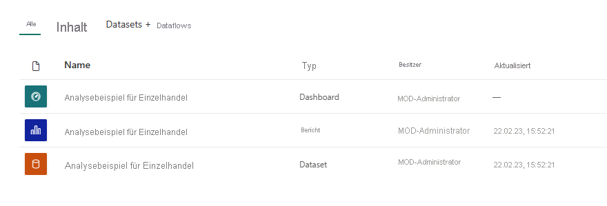 Screenshot shows dashboard, report, and semantic model for Retail Analysis Sample.