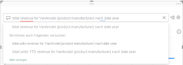 Screenshot of the Q&A question field with suggested terms from the semantic model underlined in blue and corresponding suggested questions from Power BI.